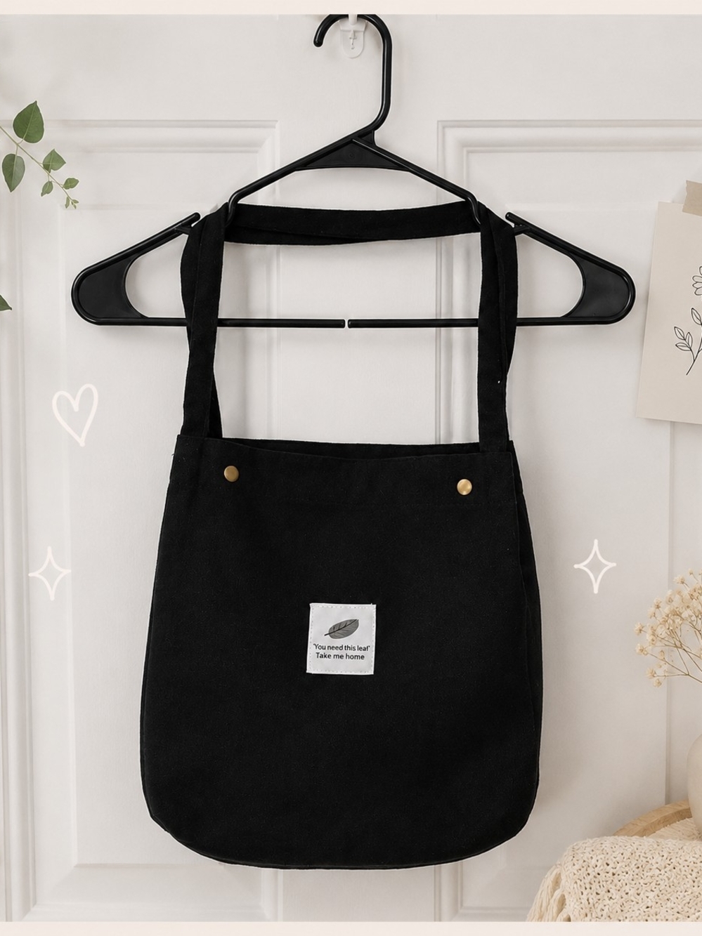Black Corduroy Shoulder Tote with Front Patch